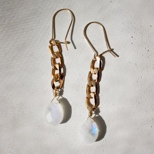 Gold Fill Thick Curvy Chain Moonstone Drop Earrings